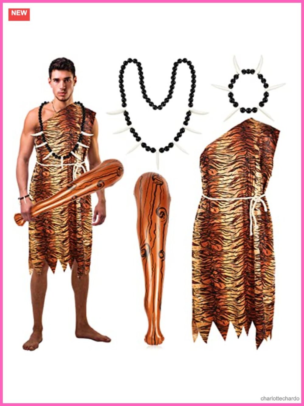 Caveman Costume Set Tiger Print Polyester Necklace Bracelet Inflatable Bat